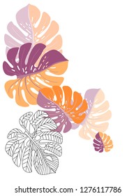 Vector tropical pattern with jungle leaves decor, fabric background. Floral jungle ornament with monstera leaf tropical pattern. Philodendron or monstera plant background.