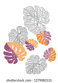Vector tropical pattern with jungle leaves decor, fabric background. Floral jungle ornament with monstera leaf tropical pattern. Philodendron or monstera plant background.