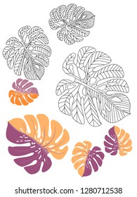 Vector tropical pattern with jungle leaves decor, fabric background. Floral jungle ornament with monstera leaf tropical pattern. Philodendron or monstera plant background.