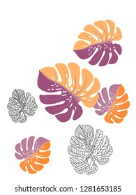 Vector tropical pattern with jungle leaves decor, fabric background. Floral jungle ornament with monstera leaf tropical pattern. Philodendron or monstera plant background.