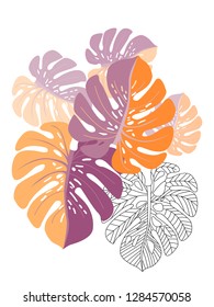 Vector tropical pattern with jungle leaves decor, fabric background. Floral jungle ornament with monstera leaf tropical pattern. Philodendron or monstera plant background.