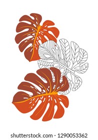 Vector tropical pattern with jungle leaves decor, fabric background. Floral jungle ornament with monstera leaf tropical pattern. Philodendron or monstera plant background.
