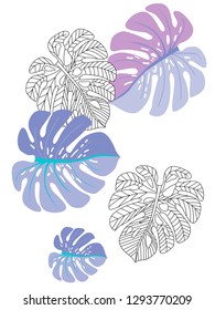 Vector tropical pattern with jungle leaves decor, fabric background. Floral jungle ornament with monstera leaf tropical pattern. Philodendron or monstera plant background.