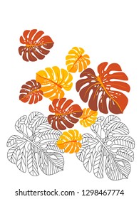 Vector tropical pattern with jungle leaves decor, fabric background. Floral jungle ornament with monstera leaf tropical pattern. Philodendron or monstera plant background.