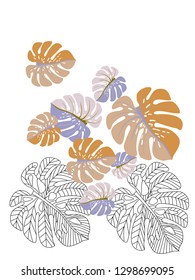 Vector tropical pattern with jungle leaves decor, fabric background. Floral jungle ornament with monstera leaf tropical pattern. Philodendron or monstera plant background.