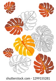 Vector tropical pattern with jungle leaves decor, fabric background. Floral jungle ornament with monstera leaf tropical pattern. Philodendron or monstera plant background.