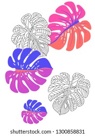 Vector tropical pattern with jungle leaves decor, fabric background. Floral jungle ornament with monstera leaf tropical pattern. Philodendron or monstera plant background.
