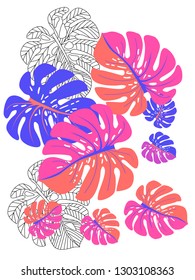 Vector tropical pattern with jungle leaves decor, fabric background. Floral jungle ornament with monstera leaf tropical pattern. Philodendron or monstera plant background.