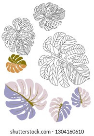 Vector tropical pattern with jungle leaves decor, fabric background. Floral jungle ornament with monstera leaf tropical pattern. Philodendron or monstera plant background.