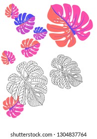 Vector tropical pattern with jungle leaves decor, fabric background. Floral jungle ornament with monstera leaf tropical pattern. Philodendron or monstera plant background.