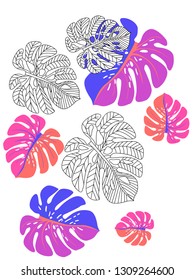 Vector tropical pattern with jungle leaves decor, fabric background. Floral jungle ornament with monstera leaf tropical pattern. Philodendron or monstera plant background.