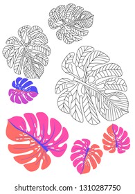 Vector tropical pattern with jungle leaves decor, fabric background. Floral jungle ornament with monstera leaf tropical pattern. Philodendron or monstera plant background.