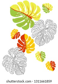 Vector tropical pattern with jungle leaves decor, fabric background. Floral jungle ornament with monstera leaf tropical pattern. Philodendron or monstera plant background.