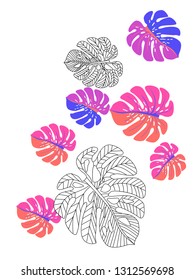 Vector tropical pattern with jungle leaves decor, fabric background. Floral jungle ornament with monstera leaf tropical pattern. Philodendron or monstera plant background.