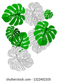 Vector tropical pattern with jungle leaves decor, fabric background. Floral jungle ornament with monstera leaf tropical pattern. Philodendron or monstera plant background.