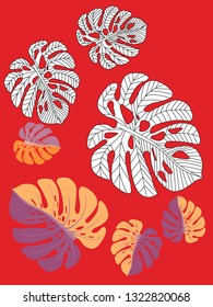 Vector tropical pattern with jungle leaves decor, fabric background. Floral jungle ornament with monstera leaf tropical pattern. Philodendron or monstera plant background.
