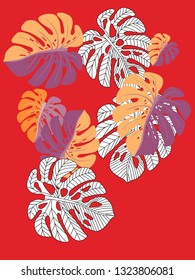 Vector tropical pattern with jungle leaves decor, fabric background. Floral jungle ornament with monstera leaf tropical pattern. Philodendron or monstera plant background.