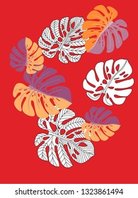 Vector tropical pattern with jungle leaves decor, fabric background. Floral jungle ornament with monstera leaf tropical pattern. Philodendron or monstera plant background.