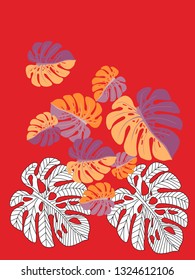 Vector tropical pattern with jungle leaves decor, fabric background. Floral jungle ornament with monstera leaf tropical pattern. Philodendron or monstera plant background.