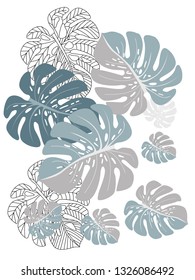 Vector tropical pattern with jungle leaves decor, fabric background. Floral jungle ornament with monstera leaf tropical pattern. Philodendron or monstera plant background.