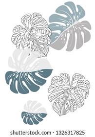 Vector tropical pattern with jungle leaves decor, fabric background. Floral jungle ornament with monstera leaf tropical pattern. Philodendron or monstera plant background.