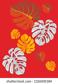 Vector tropical pattern with jungle leaves decor, fabric background. Floral jungle ornament with monstera leaf tropical pattern. Philodendron or monstera plant background.