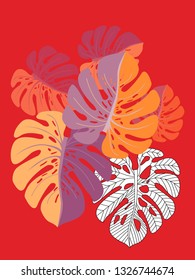 Vector tropical pattern with jungle leaves decor, fabric background. Floral jungle ornament with monstera leaf tropical pattern. Philodendron or monstera plant background.