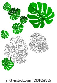 Vector tropical pattern with jungle leaves decor, fabric background. Floral jungle ornament with monstera leaf tropical pattern. Philodendron or monstera plant background.