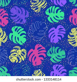 Vector tropical pattern with jungle leaves decor, seamless fabric background. Floral jungle ornament with monstera leaf tropical seamless pattern. 
