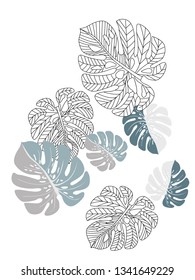 Vector tropical pattern with jungle leaves decor, fabric background. Floral jungle ornament with monstera leaf tropical pattern. Philodendron or monstera plant background.