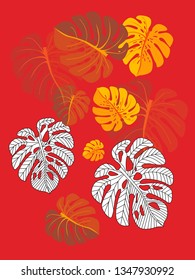Vector tropical pattern with jungle leaves decor, fabric background. Floral jungle ornament with monstera leaf tropical pattern. Philodendron or monstera plant background.