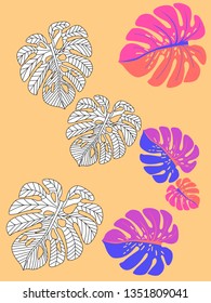 Vector tropical pattern with jungle leaves decor, fabric background. Floral jungle ornament with monstera leaf tropical pattern. Philodendron or monstera plant background.