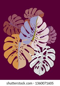 Vector tropical pattern with jungle leaves decor, fabric background. Floral jungle ornament with monstera leaf tropical pattern. Philodendron or monstera plant background.