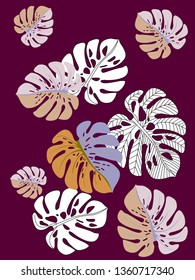 Vector tropical pattern with jungle leaves decor, fabric background. Floral jungle ornament with monstera leaf tropical pattern. Philodendron or monstera plant background.