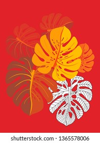Vector tropical pattern with jungle leaves decor, fabric background. Floral jungle ornament with monstera leaf tropical pattern. Philodendron or monstera plant background.