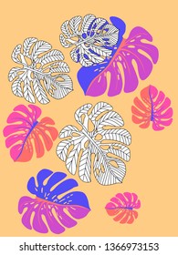 Vector tropical pattern with jungle leaves decor, fabric background. Floral jungle ornament with monstera leaf tropical pattern. Philodendron or monstera plant background.