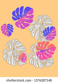 Vector tropical pattern with jungle leaves decor, fabric background. Floral jungle ornament with monstera leaf tropical pattern. Philodendron or monstera plant background.