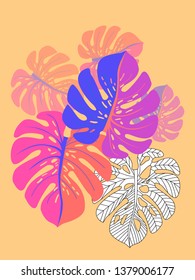 Vector tropical pattern with jungle leaves decor, fabric background. Floral jungle ornament with monstera leaf tropical pattern. Philodendron or monstera plant background.