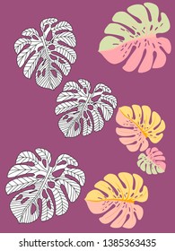 Vector tropical pattern with jungle leaves decor, fabric background. Floral jungle ornament with monstera leaf tropical pattern. Philodendron or monstera plant background.