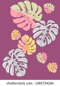 Vector tropical pattern with jungle leaves decor, fabric background. Floral jungle ornament with monstera leaf tropical pattern. Philodendron or monstera plant background.