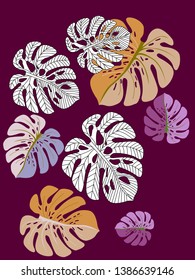 Vector tropical pattern with jungle leaves decor, fabric background. Floral jungle ornament with monstera leaf tropical pattern. Philodendron or monstera plant background.