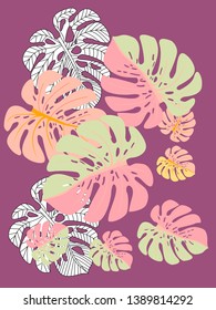 Vector tropical pattern with jungle leaves decor, fabric background. Floral jungle ornament with monstera leaf tropical pattern. Philodendron or monstera plant background.