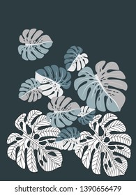 Vector tropical pattern with jungle leaves decor, fabric background. Floral jungle ornament with monstera leaf tropical pattern. Philodendron or monstera plant background.