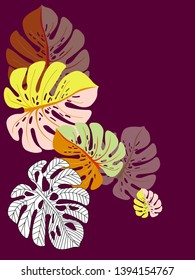 Vector tropical pattern with jungle leaves decor, fabric background. Floral jungle ornament with monstera leaf tropical pattern. Philodendron or monstera plant background.