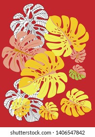 Vector tropical pattern with jungle leaves decor, fabric background. Floral jungle ornament with monstera leaf tropical pattern. Philodendron or monstera plant background.