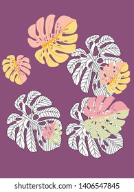 Diseño tropical vectorial con decoración de hojas de selva, fondo de tela. La selva floral adorna con un patrón tropical de hoja de monstera. Fondo de planta de Philodendron o monstera.