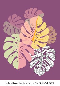 Vector tropical pattern with jungle leaves decor, fabric background. Floral jungle ornament with monstera leaf tropical pattern. Philodendron or monstera plant background.