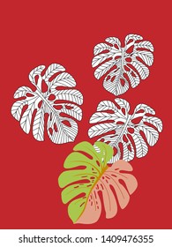 Vector tropical pattern with jungle leaves decor, fabric background. Floral jungle ornament with monstera leaf tropical pattern. Philodendron or monstera plant background.