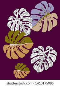 Vector tropical pattern with jungle leaves decor, fabric background. Floral jungle ornament with monstera leaf tropical pattern. Philodendron or monstera plant background.