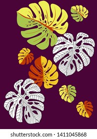 Vector tropical pattern with jungle leaves decor, fabric background. Floral jungle ornament with monstera leaf tropical pattern. Philodendron or monstera plant background.